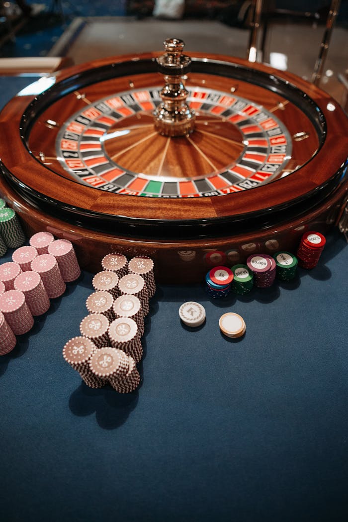 why-choose-us Roulette wheel on table with neatly stacked poker chips, capturing the essence of a casino.